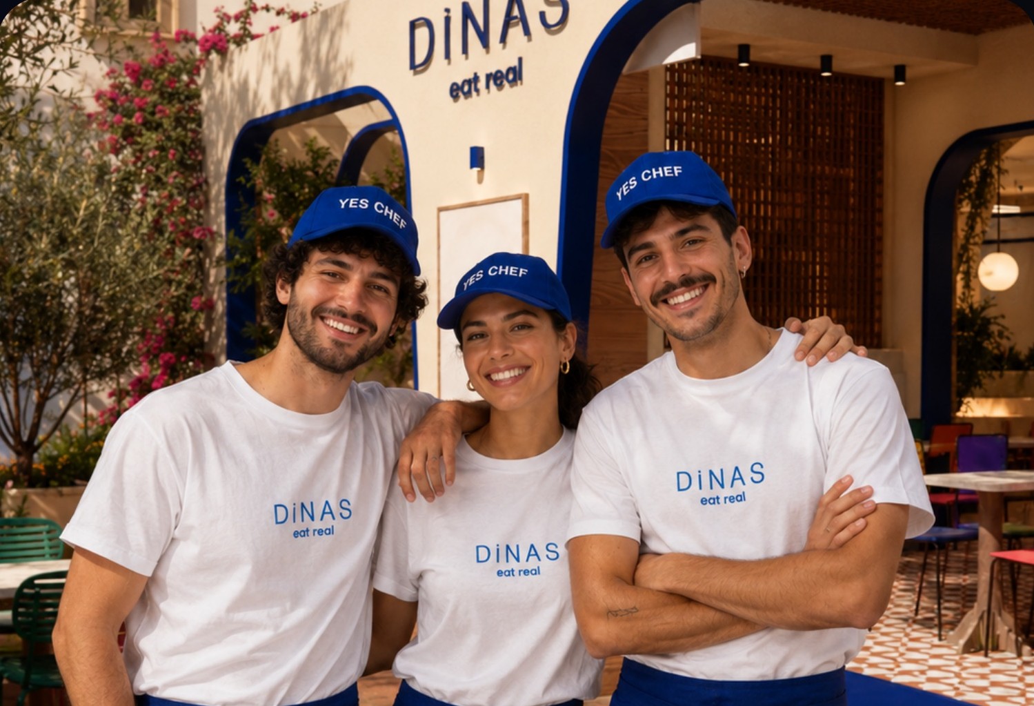 Three smiling DINAS team members in uniform outside a store